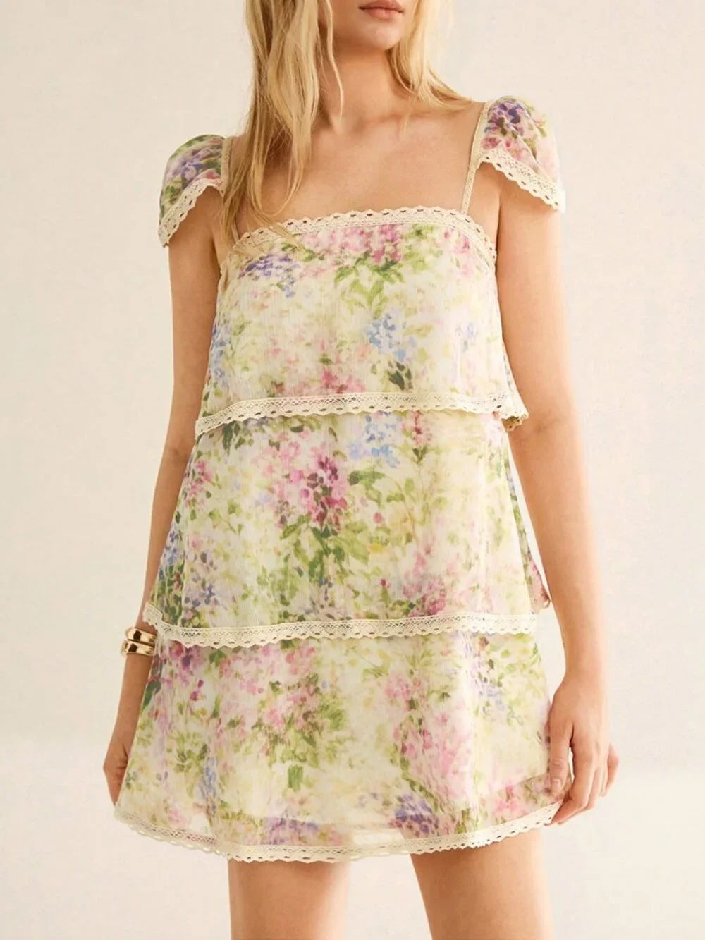 Multicolor Boho Women's Floral Print Lace Patchwork Lace Trim Ruffle Mini Dress - Picture 5 of 7